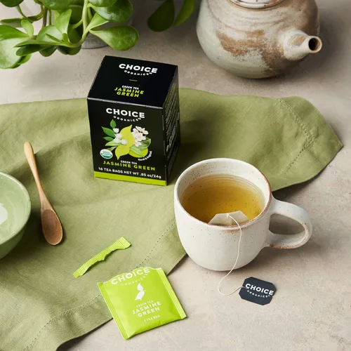 Vista 3 de Choice Organic Teas Té verde de jazmín, té verde perfumado con flores de jazmín, comercio justo, compostable, contiene cafeína, 16 bolsas de té