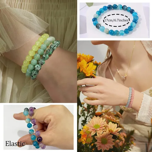 Vista 2 de WAINIS 18 pulseras de cuentas semipreciosas de 0.315 pulgadas para mujer, pulsera de cristal elástico curativo multicolor, Gema, Ónix