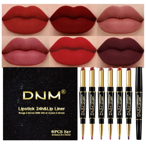 Vista 8 de evpct DNM Juego de 6 delineadores y lápices labiales, 2 en 1, impermeables, 24 horas de duración, para mujer, castaño, nude, rosa antiguo, marrón