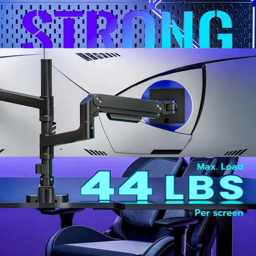Vista 5 de ARES WING Soporte de escritorio con brazo de doble monitor para monitores ultraanchos de 17 a 49 pulgadas, soporte de monitor doble resistente