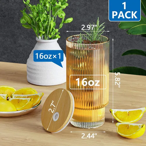 Vista 2 de CWHHRN Vaso de vidrio de 16 oz con tapa y pajita, vajilla vintage acanalada para whisky, cóctel, cerveza, tazas para café helado con tapa, vaso