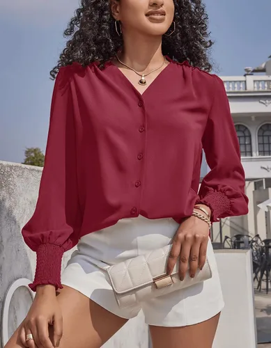 Vista 2 de Aifer Blusa para mujer, manga larga, elegante, casual, cuello en V, con botones, blusas 2024