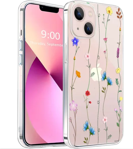 Vista 15 de Unov Funda para iPhone 14 iPhone 13, transparente con diseño, ajuste delgado, buen agarre, funda para teléfono en relieve, cubierta protectora a
