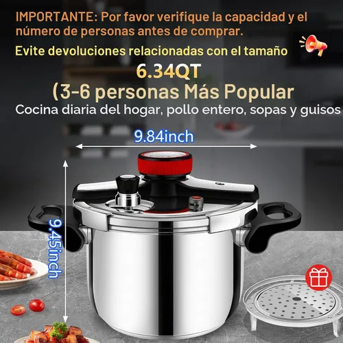 Vista 2 de Olla a presión de 6.3 QT, acero inoxidable 304 - Bloqueo a prueba de explosiones, operación con una mano, cocina rápida, apta para lavavajillas