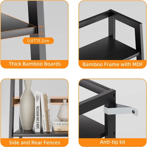 Vista 5 de HITNET Estante de escalera negro, estantería de 4 niveles, estante de almacenamiento de baño independiente con marco de bambú, soporte de exhibición