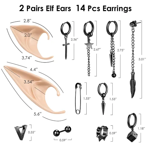 Vista 4 de FRESHME Elf Ears with Pierced Earrings Set - Soft Fairy Ears and Punk Dangle Hoop Piercing Earrings for Women Girls Elf Halloween Renaissance Anime