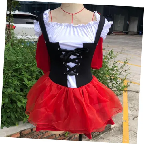 Vista 6 de Vestido rojo para mujer con capucha roja con velo, disfraces de Halloween, disfraces de adultos, disfraz rojo, baile de graduación, trajes rojos