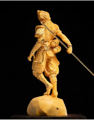 Vista 4 de Estatua de rey mono Wukong tallada en madera de boj natural (chapado en oro)