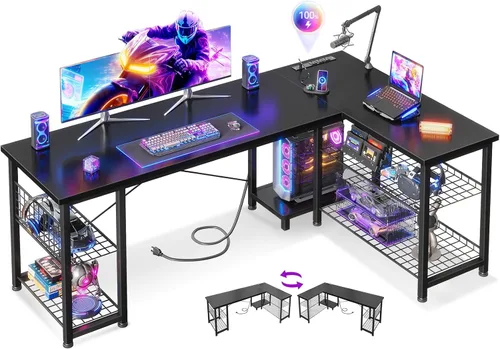 Vista 9 de Casaottima Escritorio para juegos en forma de L de 51 pulgadas con estantes y tomas de corriente, escritorio reversible para computadora