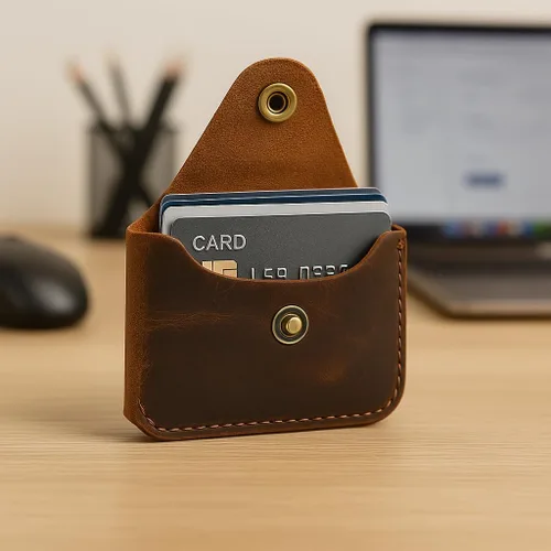 Vista 3 de The Antiq Tarjetero de cuero, cartera minimalista hecha a mano, funda delgada para tarjetas de crédito con cierre de botón, funda de cuero compacta