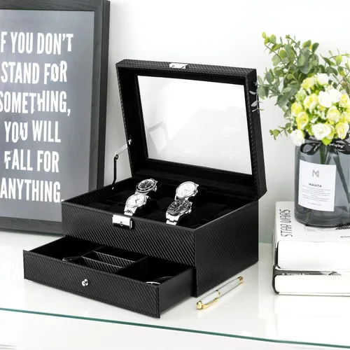 Vista 4 de Oyydecor Caja de reloj con 12 ranuras, organizador de relojes, organizador de joyas con cajón de joyería para almacenamiento y exhibición