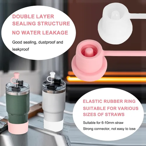 Vista 4 de Paquete de 6 fundas de silicona compatibles con vasos Stanley H2.0/1.0 All OZ, reutilizable, a prueba de polvo, para popotes de 19.7-32.8