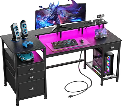 Vista 9 de Furologee Escritorio para juegos de 52 pulgadas con luces LED y tomas de corriente, escritorio reversible para computadora con 4 cajones, archivador