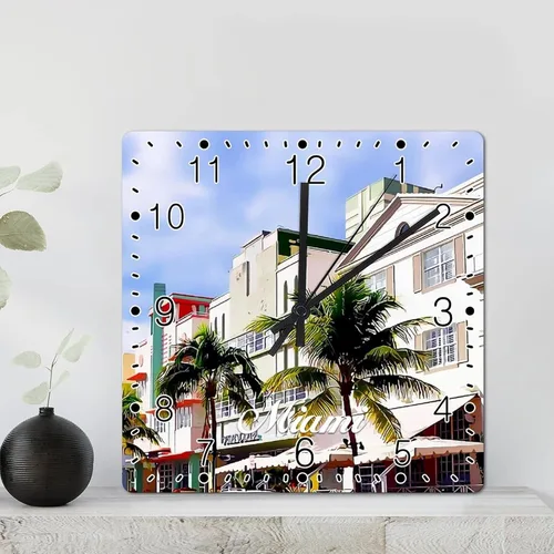 Vista 2 de Miami Landscape Wooden Wall Clock Florida USA Cityscape Travel Square Clocks Decorative Clocks Battery Operated 15 Inch Non-Ticking Modern Living