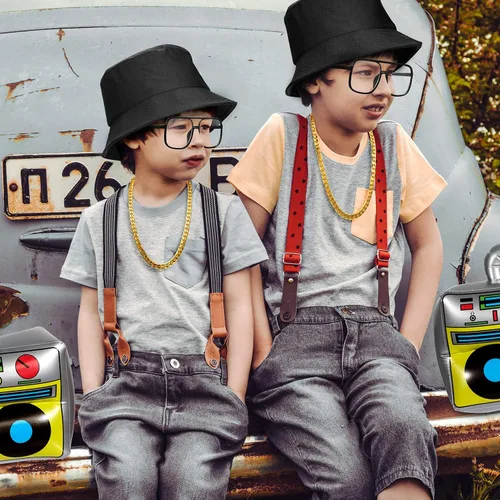 Vista 7 de 8 Piezas Hip Hop Traje Kit Inflable Boom Box Negro Cubo Sombrero Gafas De Sol Cadena Oro 80s90s Rapero Accesorios