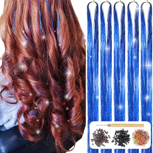 Vista 11 de Kit de oropel para el cabello con herramientas de 48 pulgadas, 1200 hebras de cabello de oropel dorado, resistentes al calor, extensiones de cabello