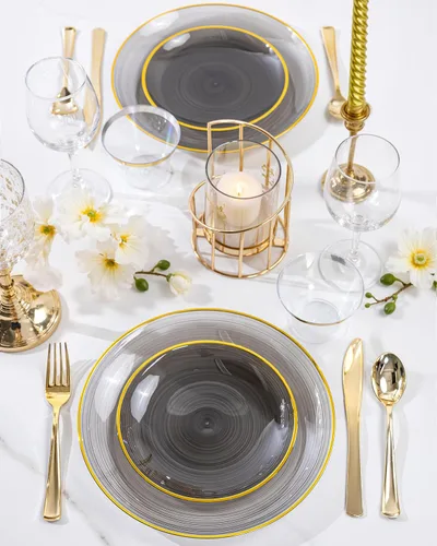 Vista 5 de Morejoy - 100 platos de plástico negro, platos desechables negros con borde dorado Black and Gold Plastic Plates, Modern swirl design Plates