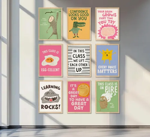 Vista 3 de 9 piezas de arte de pared con citas inspiradoras coloridas motivacionales positivas para el aula, imágenes de mentalidad de crecimiento, profesor