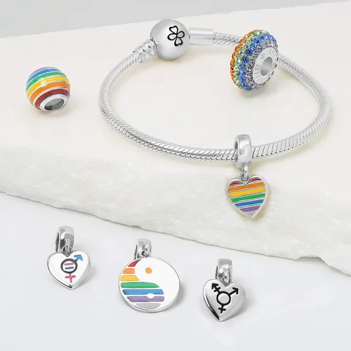 Vista 8 de Bling Jewelry Unisex .925 Sterling Silver Inspiration LGBTQ Rights Symbol Rainbow Yin Yang Circle Disc Tag Heart Dangle Bead Charm Personalized
