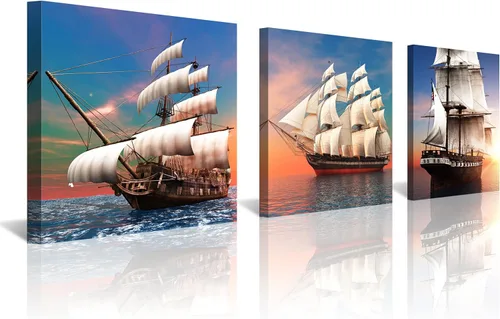 Vista 18 de Arte de pared costero de playa, arte en lienzo de barco azul, imágenes de gaviota, paisaje marino, impresiones de pintura de paisajes marinos, obras