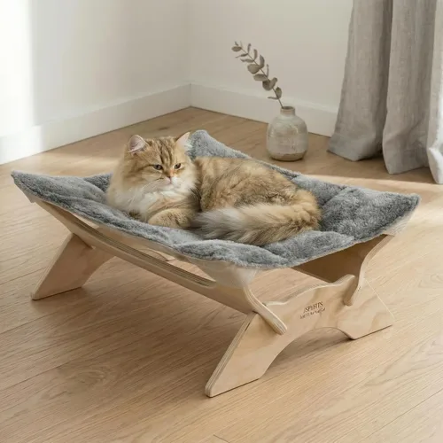 Vista 10 de JSPYFITS Hamaca elevada para gatos, cama ortopédica elevada para perros con cojín de felpa y lino de doble cara, muebles modernos para gatos