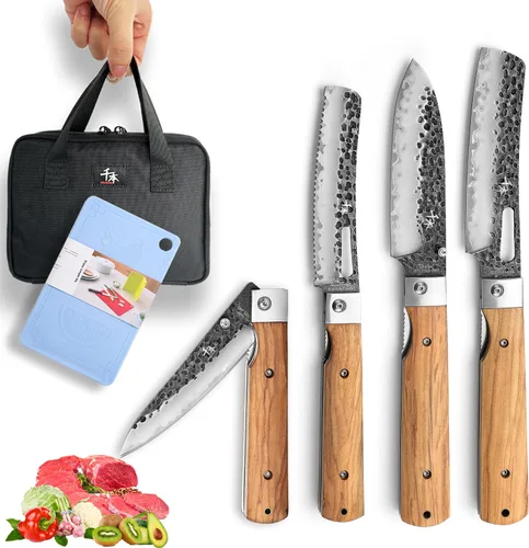 Vista 10 de SENBON Cuchillo de chef plegable de bolsillo súper afilado 440A forjado, cuchillo práctico, cuchillo de fruta, mango de oliva natural, para acampar