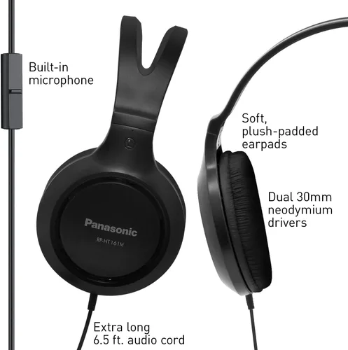 Vista 3 de Panasonic Auriculares ligeros con cable sobre la oreja con micrófono, sonido y XBS para extra graves, cable largo, conector de 3.5mm para teléfonos