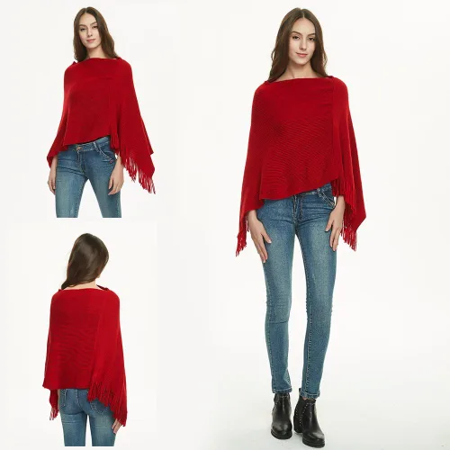 Vista 4 de Ferand Poncho de punto suave, elegante con flecos, estilo de cuello multicolor
