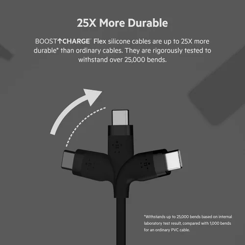 Vista 5 de Belkin BoostCharge Flex Cable de carga USB-C a USB-C de silicona (3.3 ft/3.3 pies) para iPhone 16, iPhone 16 Pro, Galaxy S25, S24, Pixel 9 y 8, Negro