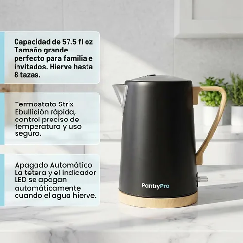 Vista 3 de PantryPro Hervidor eléctrico de ebullición rápida de 1.7L 1500W - Interior de acero inoxidable - Apagado automático, protección contra hervir