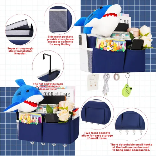 Vista 6 de Bolsa de almacenamiento para mesita de noche con 4 ganchos, organizador colgante multifunción para cabeceros, literas, cama de hospital