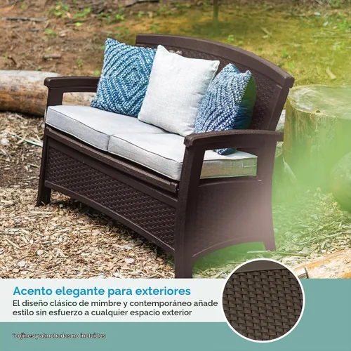Vista 7 de Suncast Banco de mimbre para exterior con almacenamiento de 23 galones, asientos cómodos para dos, respaldo ergonómico, muebles para todo