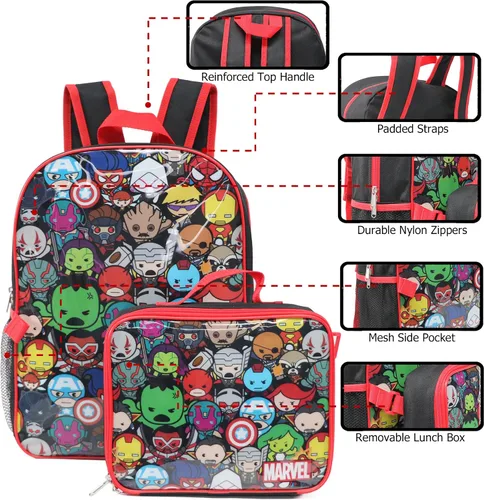 Vista 6 de Juego de lonchera Kawaii de 16 '' de Marvel Avengers de tamaño completo con mochila para libros, color negro/rojo