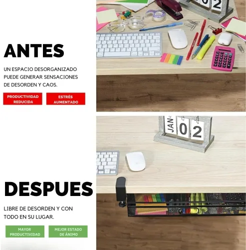 Vista 5 de Organizador de Cajones Debajo del Escritorio con Abrazadera, Accesorio de Malla Metálica, 1 Cajón Deslizante, Organizador para Escritorio o Debajo