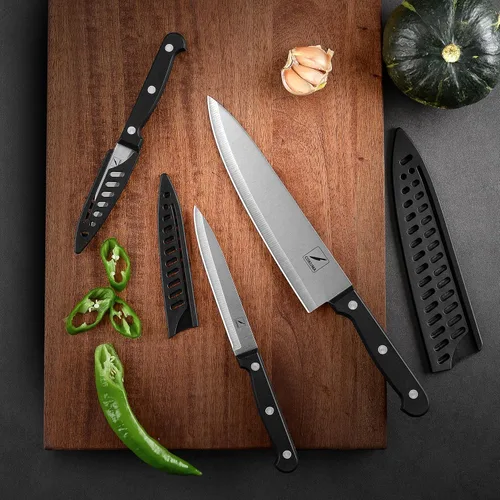 Vista 4 de COKUMA Cuchillo de cocina, juego de 3 cuchillos con funda, cuchillo de chef de 8 pulgadas, cuchillo utilitario de 4.5 pulgadas, cuchillo de chef