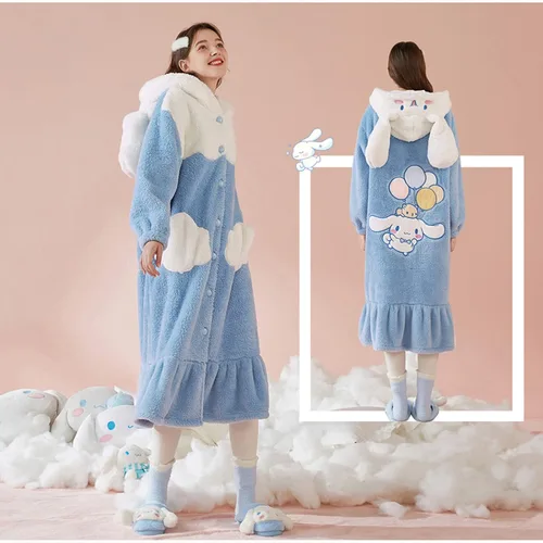 Vista 2 de Bata de baño con botones para mujer, abrigo de felpa cálido, pijama larga con bonito patrón de bolsillo