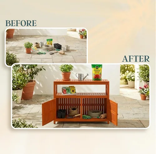 Vista 8 de DTY Outdoor Living Longs Peak Mesa Aparador de Madera de Eucalipto, Gabinete Buffet Exterior con Almacenamiento, Acabado de Aceite Natural