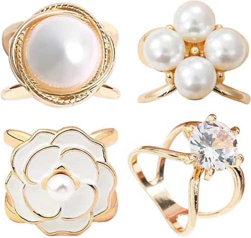 Vista 119 de 4 piezas de clip de anillo de bufanda para mujer, broche de perlas y flores, hebilla de metal para chal, accesorios de decoración para damas y niñas