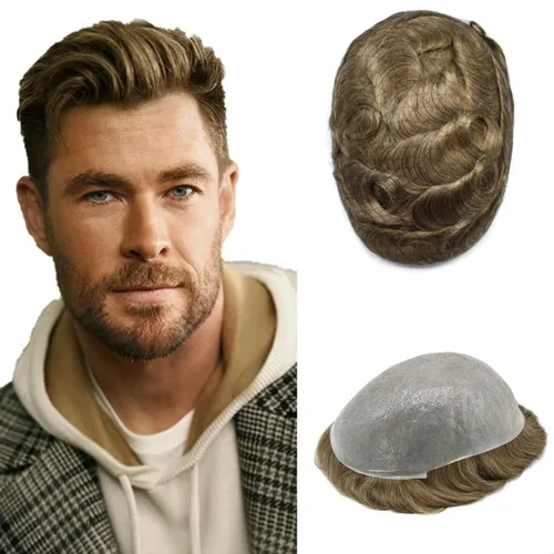 Vista 53 de Hombres Toupee 100% Europeo Remy Cabello Humano Piezas 0.002 in Ultra Delgado Piel Sistema de Reemplazo de Pelo Toupee para Hombres Protesis Capilar