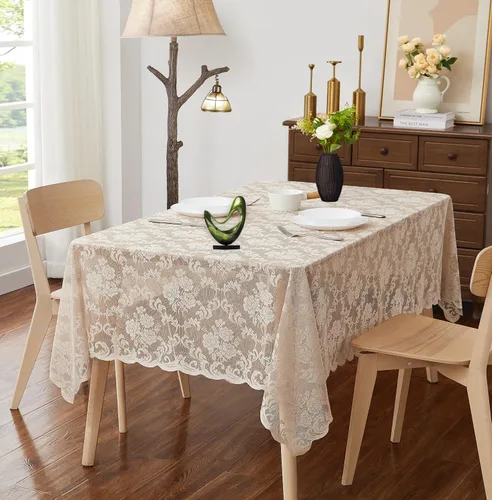 Vista 13 de ASATEX Camino de mesa de encaje de lino dorado de 14 x 36 pulgadas con 2 borlas. El patrón floral clásico y elegante es la opción ideal