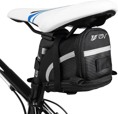 Vista 10 de BV Bolsa de bicicleta con correa con material reflectante, bolsa de sillín de gran capacidad con divisor separado para objetos pequeños y espacio