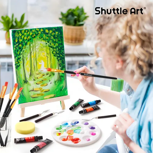 Vista 7 de Shuttle Art Juego de 54 pinturas acrílicas, juego de pintura acrílica con pintura acrílica de 30 colores, caballete de madera, lienzo de pintura