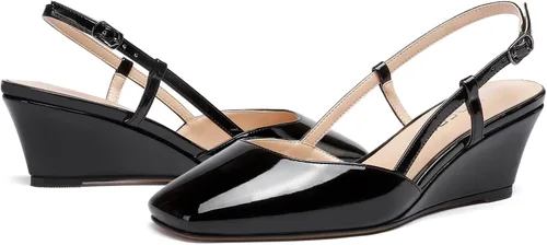 Vista 6 de WAYDERNS Zapatos de tacón bajo de cuña con hebilla sólida y puntera cuadrada para mujer de 2 pulgadas