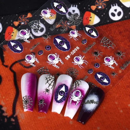 Vista 3 de 6 hojas de calcomanías de arte de uñas de Halloween, 5D estéreo, autoadhesivas, diseño de ojos holográficos, fantasma, llama, calabaza, día