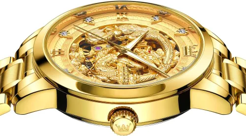 Vista 2 de OLEVS Dragon Skeleton Reloj automático para hombre, 1.654 pulgadas, esfera grande, dorado, de lujo, cuerda automática, impermeable, acero