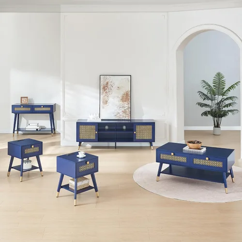 Vista 6 de JYED Mesa de café moderna de madera de mediados de siglo con cajones de almacenamiento decorados con malla metálica, mesa central de acento azul