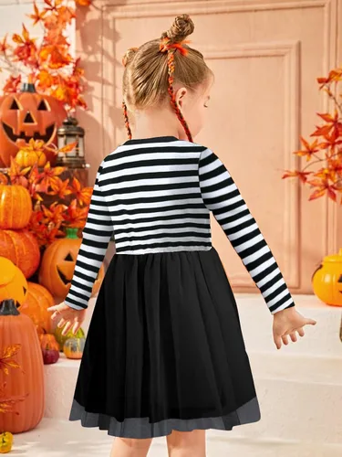 Vista 6 de Vieille Vestido de tul de Halloween para niñas pequeñas, de manga larga, calabaza, princesa, fiesta, faldas a rayas, ropa de 2 a 6 años