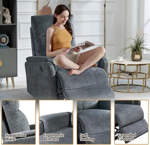 Vista 6 de cinkehome Pequeño sillón reclinable de energía eléctrica, silla reclinable de tela transpirable, puertos USB, asiento de cine en casa eléctrico