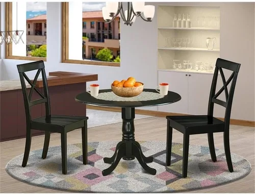 Vista 2 de East West Furniture DLBO3-BLK-W - Juego de mesa de comedor de 3 piezas para espacios pequeños que contiene una mesa de comedor redonda con gotas y 2