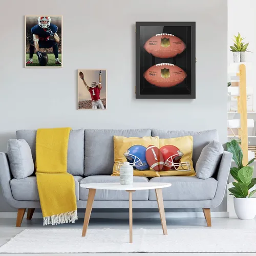 Vista 5 de TJ.MOREE Estuche de fútbol con 2 fundas de fútbol tamaño completo, soportes para rugby para exhibir pelotas, caja de sombra de montaje en pared